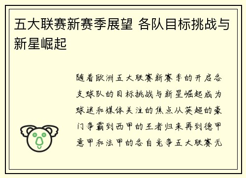 五大联赛新赛季展望 各队目标挑战与新星崛起